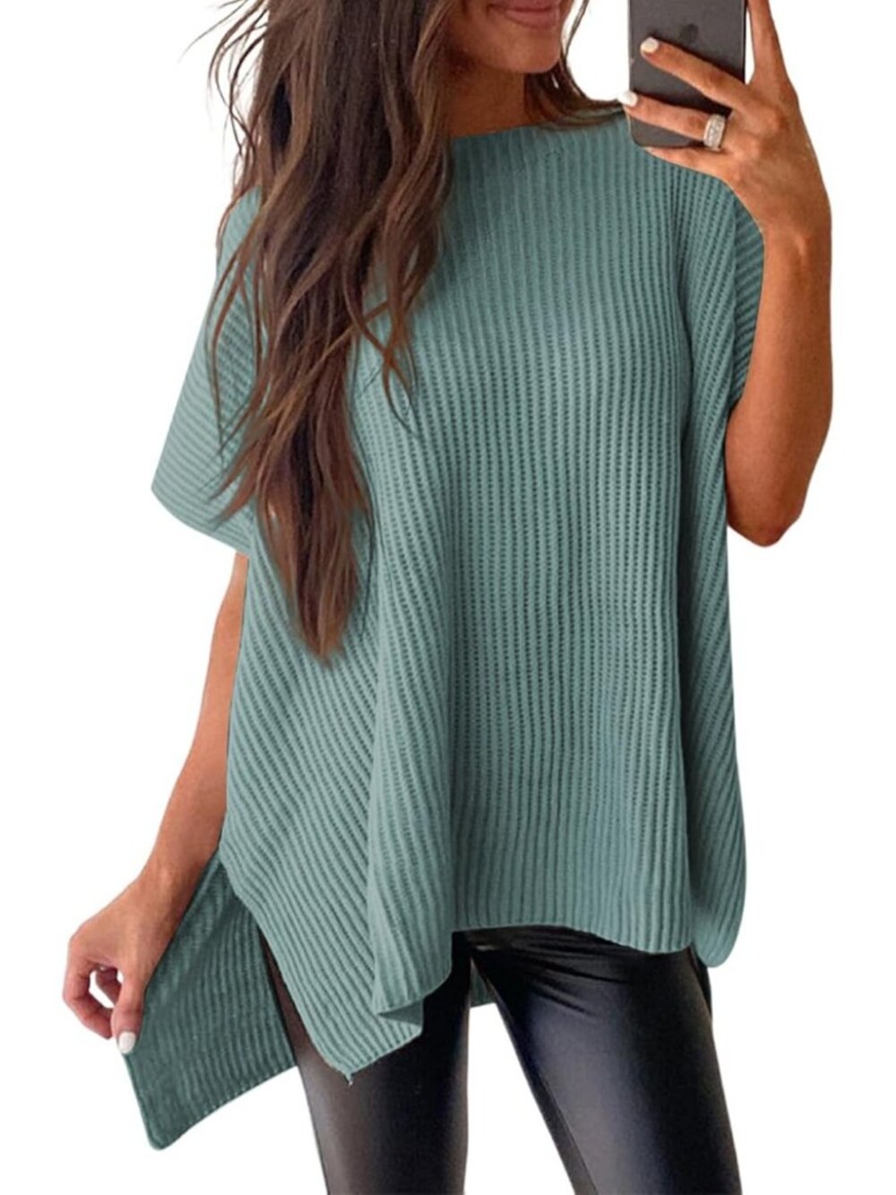 Women's Haze Blue Crewneck Short Sleeve Sweater Causal Tunic Lightweight Tops